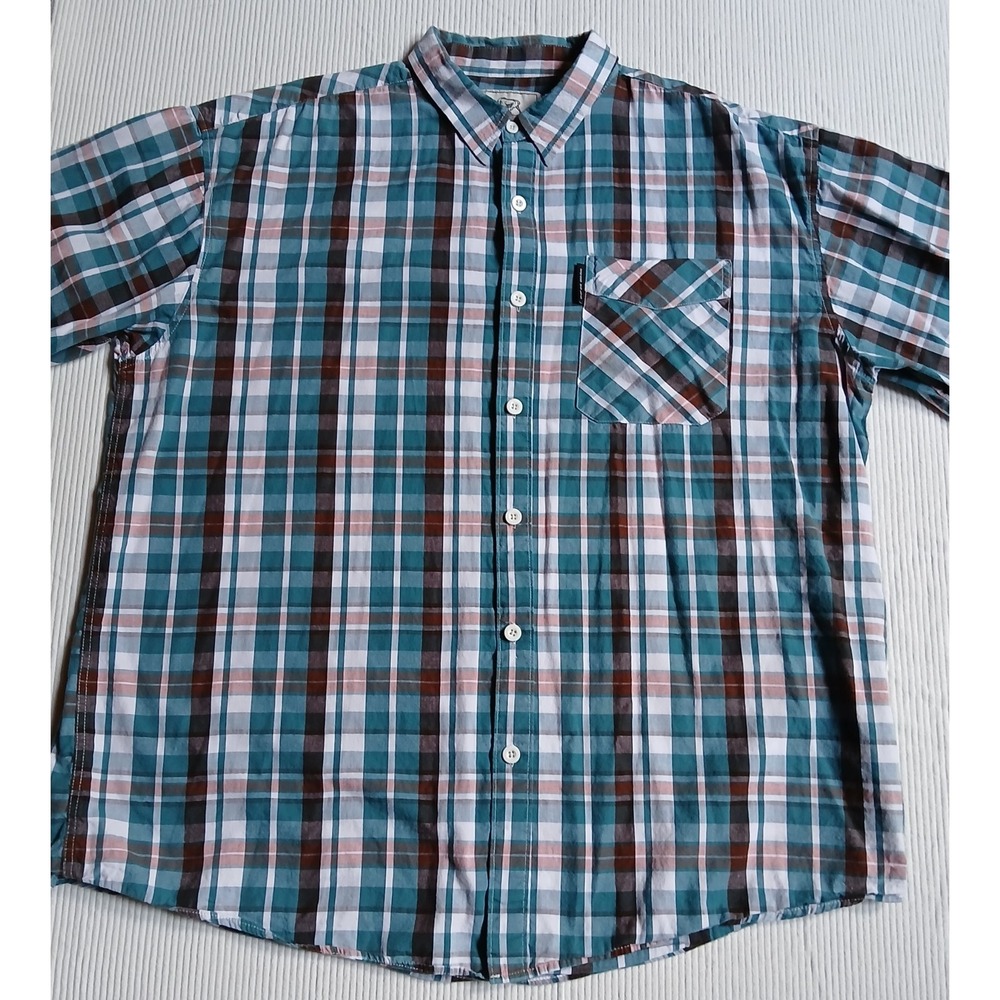 Ecko Unltd Men's Plaid Button-Down Shirt Short Sleeve Teal Brown White 3X